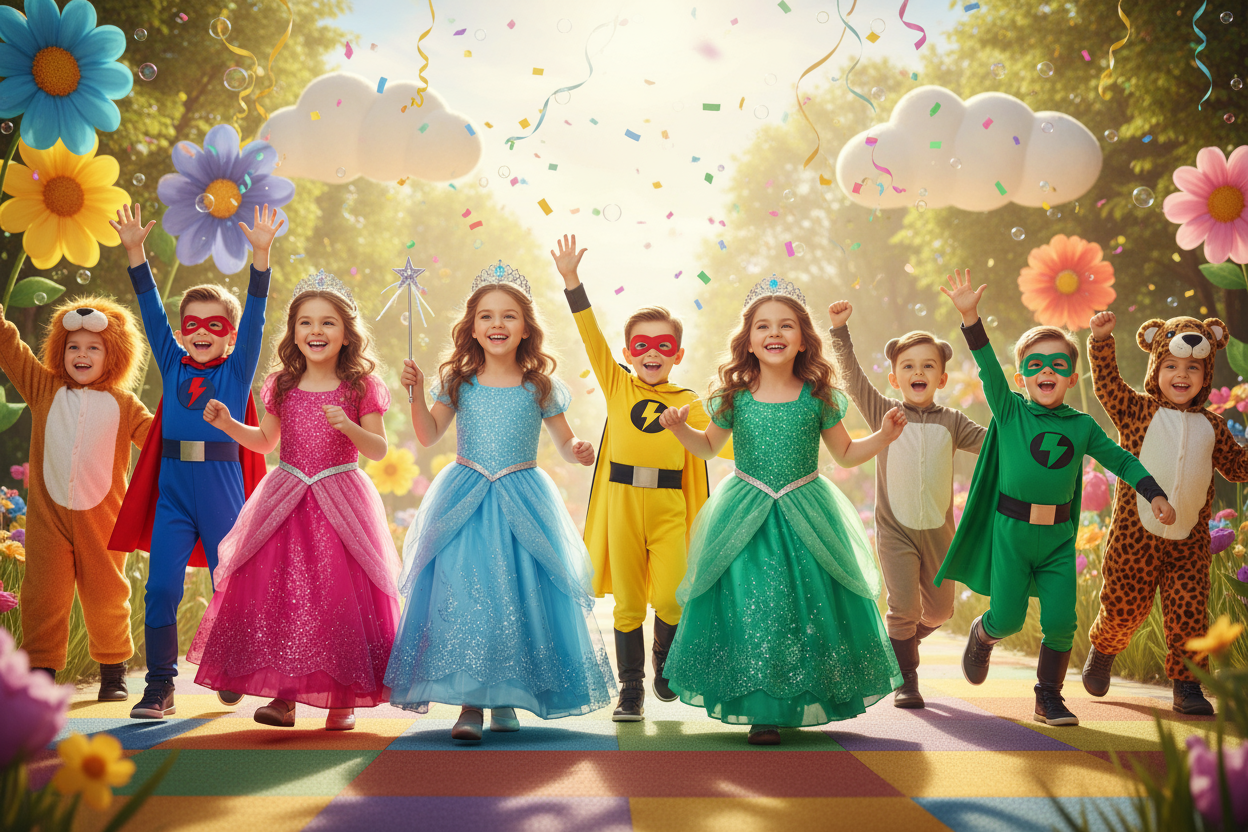 kids in princess and superhero costumes